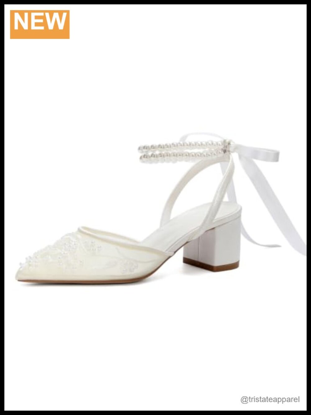 Lace Wedding Shoes Low Heel Pointed Toe Pearl Ankle Strap Bridal Pumps